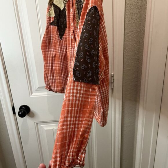 Universal Thread Orange Plaid Mixed Print Sewn Patchwork Custom Top Womens Sz L - Picture 5 of 11